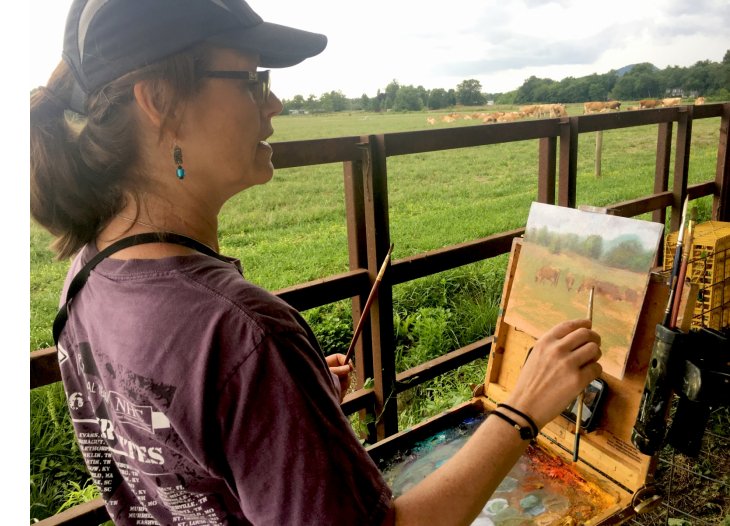 Artist Marilyn Place painting en plein air at Mills River Creamery