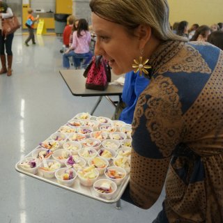 Dietetic Intern offering a cafeteria taste test.