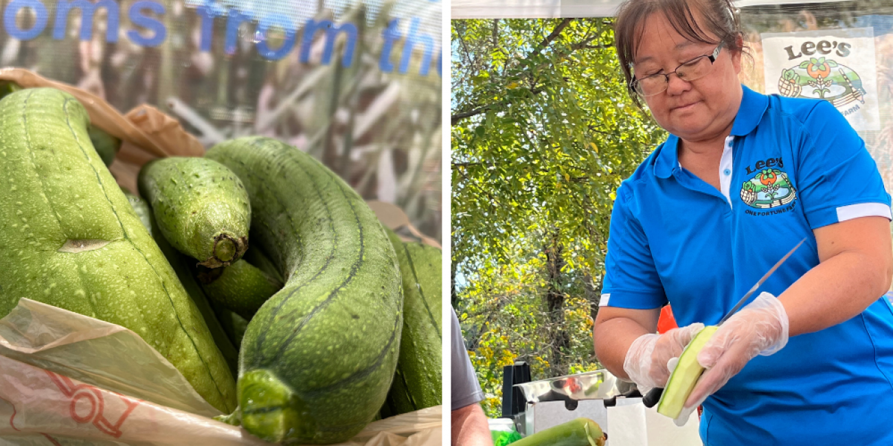 Chue Lee cleans luffa squash at Lee's One Fortune Farm