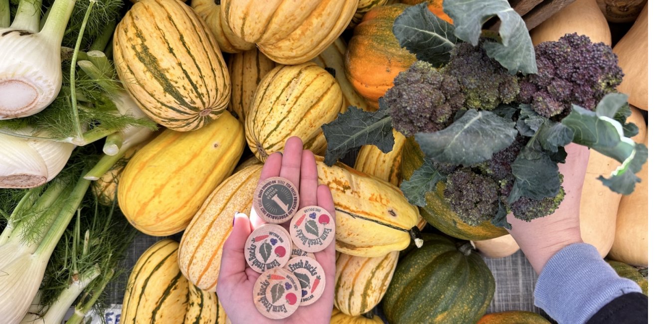 Shopping for broccoli and squash at a farmers market