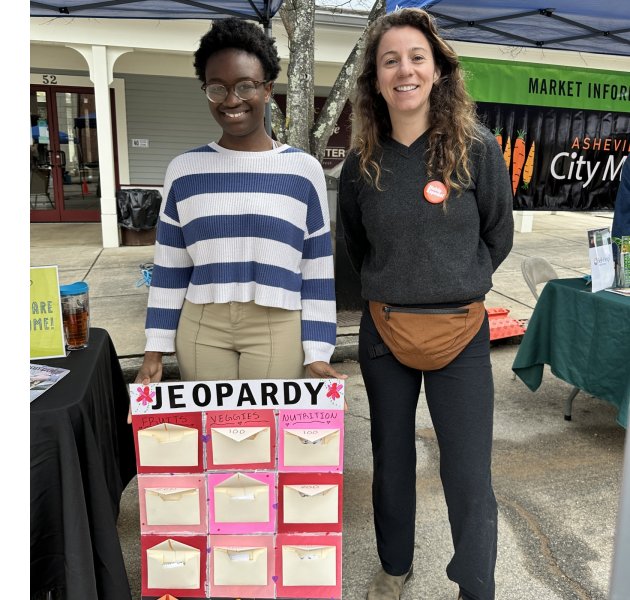 Anaya Harry and Rei Argeroplos offering a local food jeopardy game at Asheville City Market
