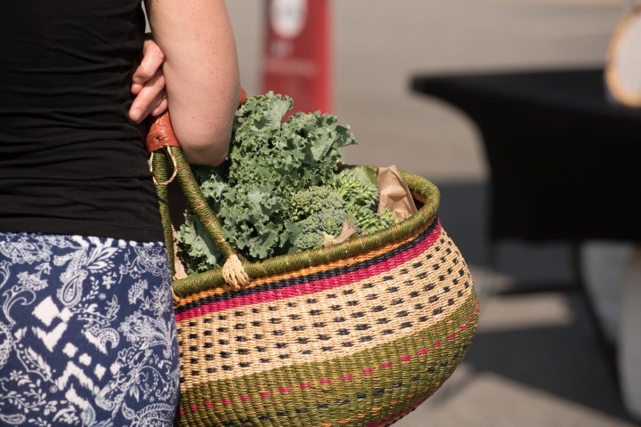 greens in a farmers market shopping basket