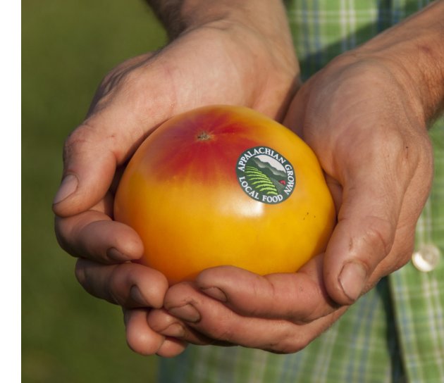 Appalachian Grown sticker on a tomato