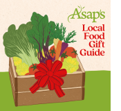 graphic of veggies in a box with a bow and text that reads Asap's Local Food Gift Guide