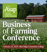 Field with barn in the background with text: ASAP Business of Farming Conference, Feb. 22, 2025, Blue Ridge Community College