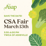 Tan and green graphic with text that says, "Save the Date, CSA Fair March 13"