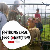 children playing with a farm animal with text that reads "Fostering Local Food Connections, NC State Extension"