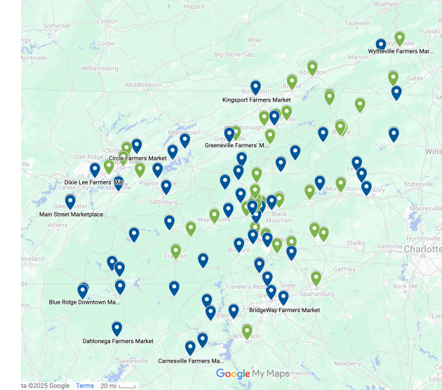 map of Appalachian Grown farmers markets