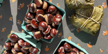 chestnuts and chestnut bread wrapped in hickory leaves