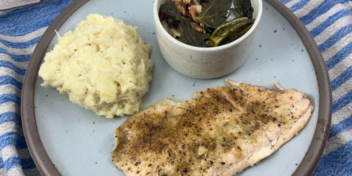 trout, parsnip mash, and collards
